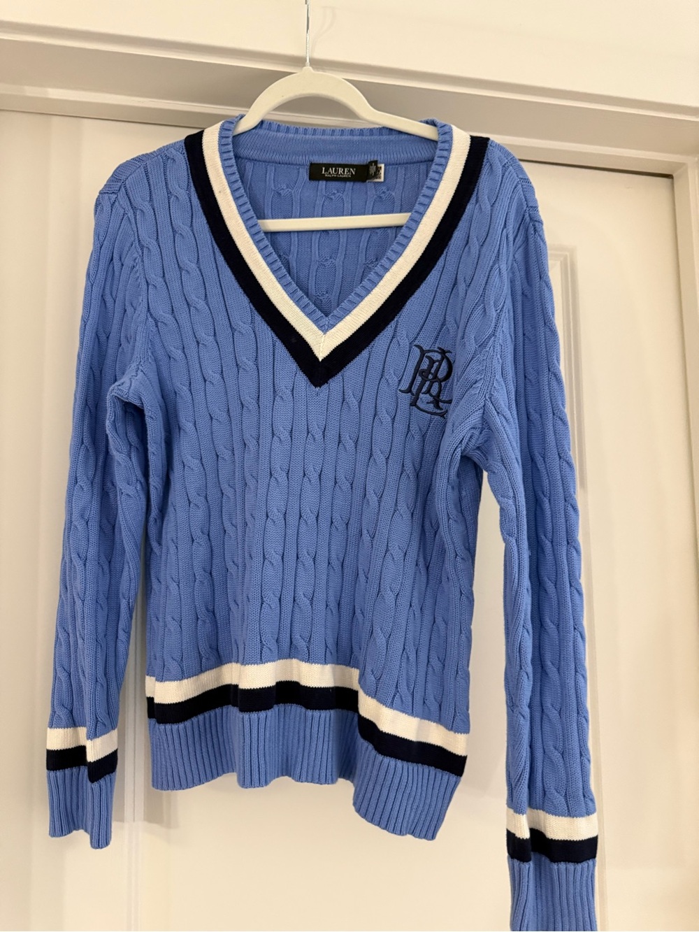 Lauren Ralph Lauren Sky Blue Cable-Knit V-Neck Sweater with Navy & White Trim